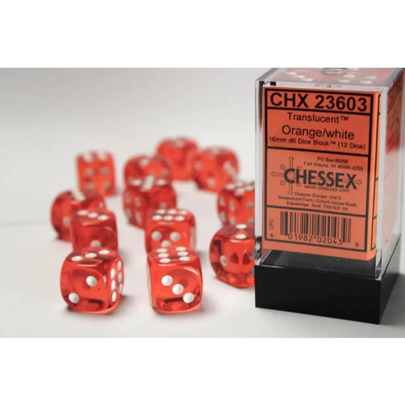 CHX 23603 Orange/White Translucent 16mm d6 Dice Block (12 Dice)