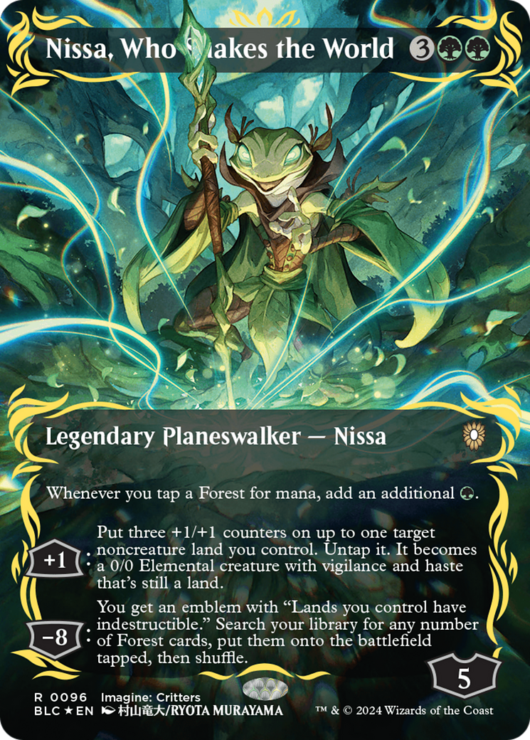 Nissa, Who Shakes the World (Borderless) (Raised Foil) [Bloomburrow Co Nissa, Who Shakes the World (Borderless) (Raised Foil) [Bloomburrow Co