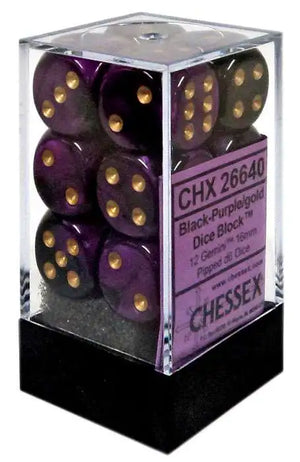 CHX 26640 Black - Purple/Gold 16mm d6 Dice Block (12 Dice)