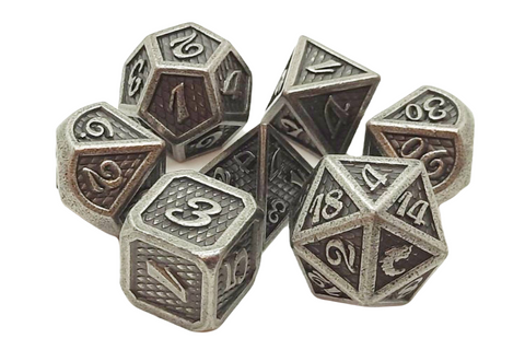 OSDMTL-90 Old School 7 Piece DnD RPG Metal Dice Set: Dragon Scale - Ancient Silver