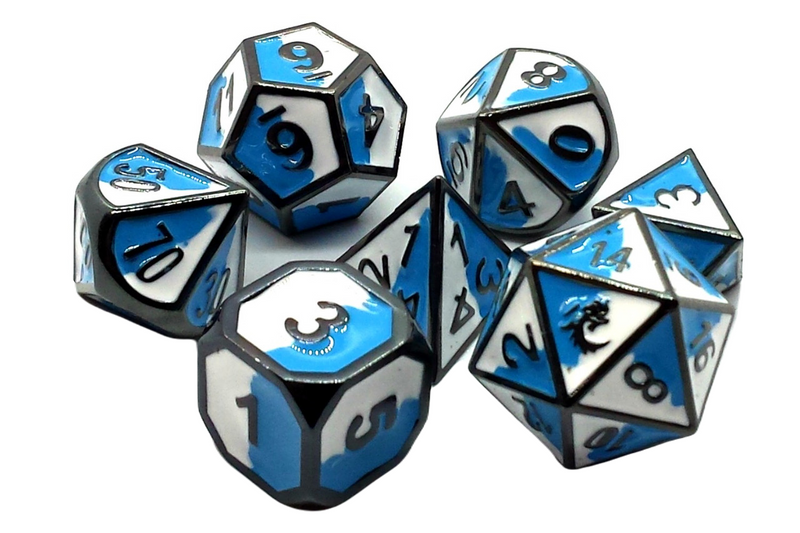 OSDMTL-36 Dragon Forged Platinum Blue & White w/Black Nickel Polyhedral 7 Die Set