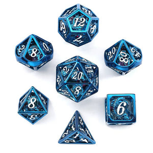 Hollow Metal Dragon Dice Set Filled with Gems - Blue Dragon