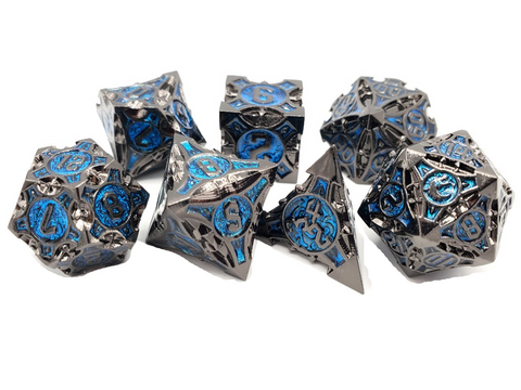 OSDMTL-117 Old School 7 Piece DnD RPG Metal Dice Set: Gnome Forged - Black Nickel w/ Blue