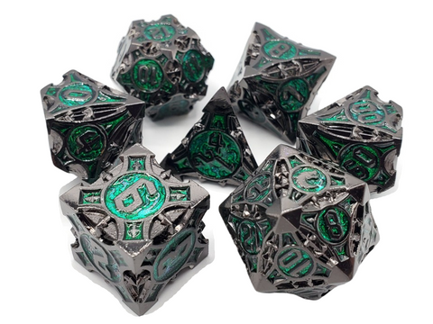 OSDMTL-118 Old School 7 Piece DnD RPG Metal Dice Set: Gnome Forged - Black Nickel w/ Green