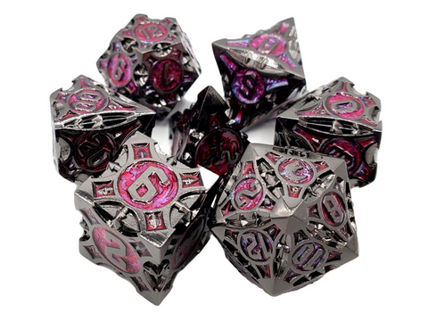 OSDMTL-131 Old School 7 Piece DnD RPG Metal Dice Set: Gnome Forged - Black Nickel w/ Red