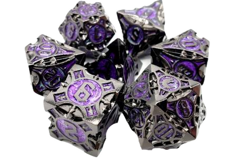 OSDMTL-130 Old School 7 Piece DnD RPG Metal Dice Set: Gnome Forged - Black Nickel w/ Purple