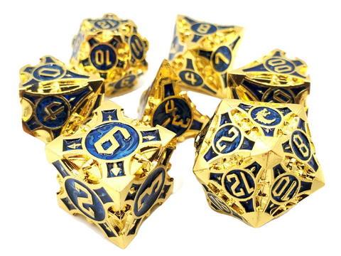 OSDMTL-119 Old School 7 Piece DnD RPG Metal Dice Set: Gnome Forged - Gold w/ Blue
