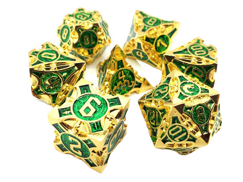 OSDMTL-120 Old School 7 Piece DnD RPG Metal Dice Set: Gnome Forged - Gold w/ Green