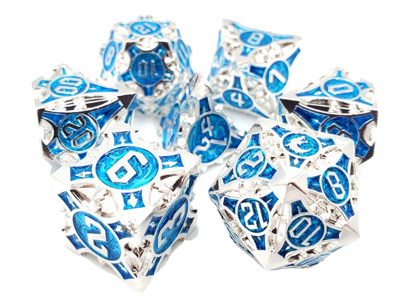 OSDMTL-121 Old School 7 Piece DnD RPG Metal Dice Set: Gnome Forged - Silver w/ Blue