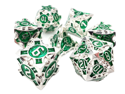 OSDMTL-122 Old School 7 Piece DnD RPG Metal Dice Set: Gnome Forged - Silver w/ Green