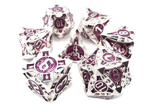 OSDMTL-123 Old School 7 Piece DnD RPG Metal Dice Set: Gnome Forged - Silver w/ Purple