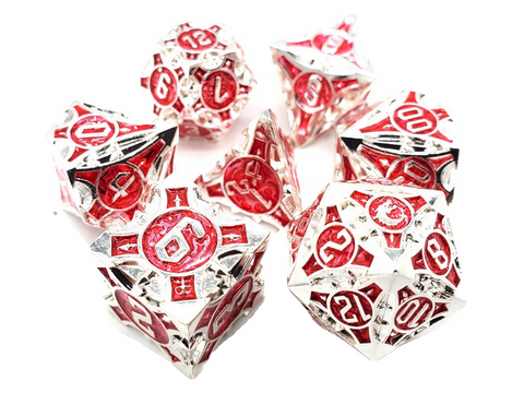 OSDMTL-124 Old School 7 Piece DnD RPG Metal Dice Set: Gnome Forged - Silver w/ Red
