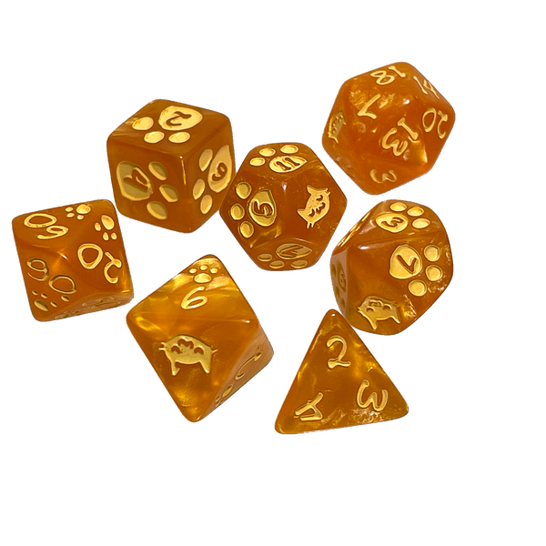 Kitten Polyhedral Dice Set (Orange w/yellow)