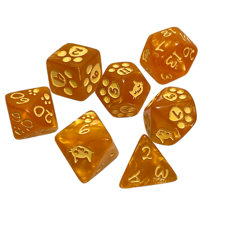 Kitten Polyhedral Dice Set (Orange w/yellow)