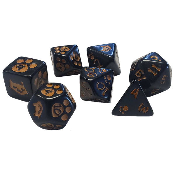 Kitten Polyhedral Dice Set (Black w/tan)