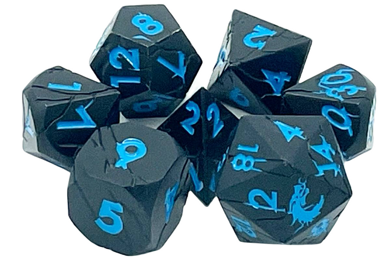 OSDMTL - 140 Old School 7 Piece DnD RPG Metal Dice Set: Orc Forged - Matt Black w/ Blue