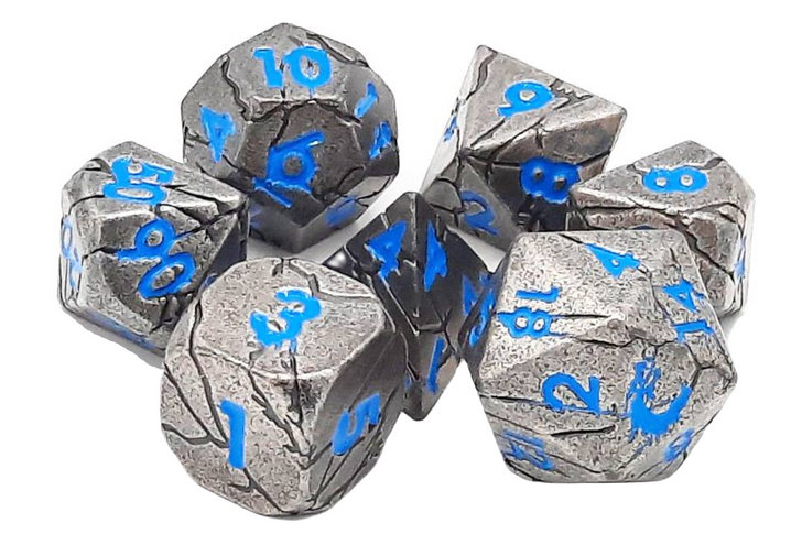 OSDMTL-101 School 7 Piece DnD RPG Metal Dice Set: Orc Forged - Ancient Silver w/ Blue