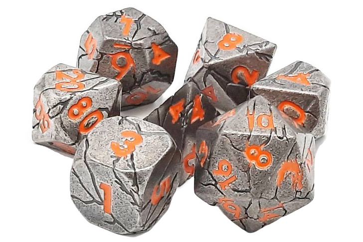 OSDMTL-103 School 7 Piece DnD RPG Metal Dice Set: Orc Forged - Ancient Silver w/ Orange