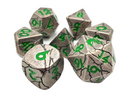 OSDMTL-102 School 7 Piece DnD RPG Metal Dice Set: Orc Forged - Ancient Silver w/ Green