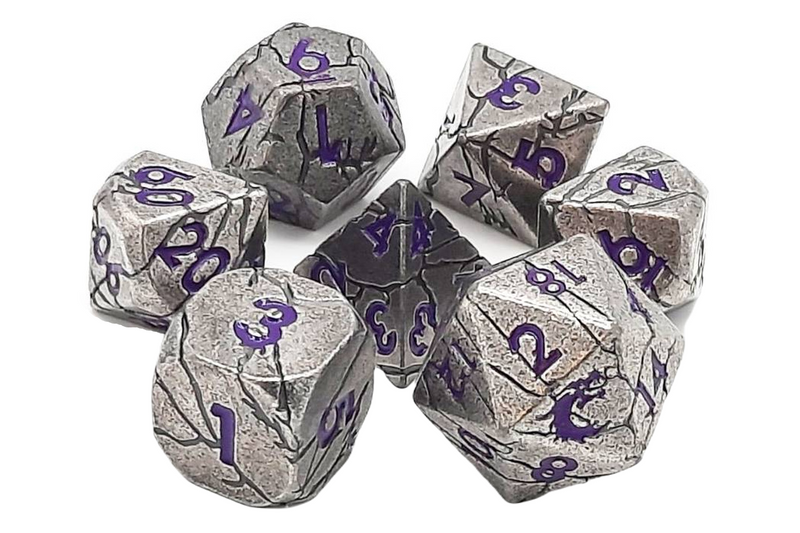 OSDMTL-104 Old School 7 Piece DnD RPG Metal Dice Set: Orc Forged - Ancient Silver w/ Purple