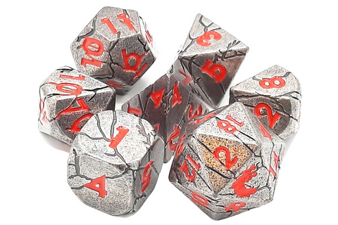 OSDMTL-105 School 7 Piece DnD RPG Metal Dice Set: Orc Forged - Ancient Silver w/ Red