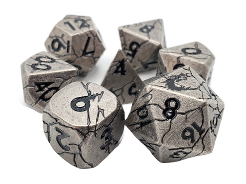 OSDMTL-125  School 7 Piece DnD RPG Metal Dice Set: Orc Forged - Ancient Silver w/ Black
