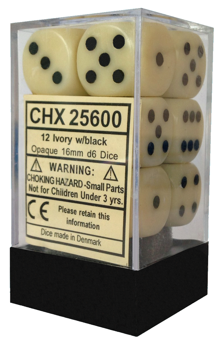 CHX 25600 Ivory/Black Opaque 16mm d6 Dice Block (12 Dice)