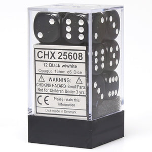 CHX 25608 Black/White Opaque 16mm d6 Dice Block (12 Dice)