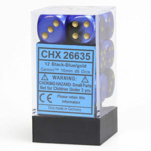 CHX 26635 Black - Blue/Gold Gemini 16mm d6 Dice Block (12 Dice)