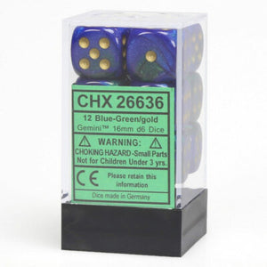 CHX 26636 Blue - Green/Gold Gemini 16mm d6 Dice Block (12 Dice)