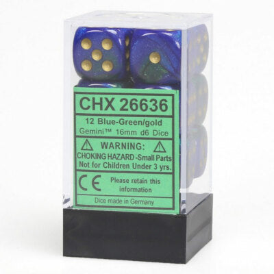 CHX 26636 Blue - Green/Gold Gemini 16mm d6 Dice Block (12 Dice)