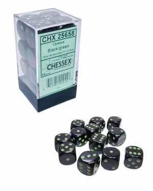 CHX 25658 Black/Green Opaque 16mm d6 Dice Block (12 Dice)
