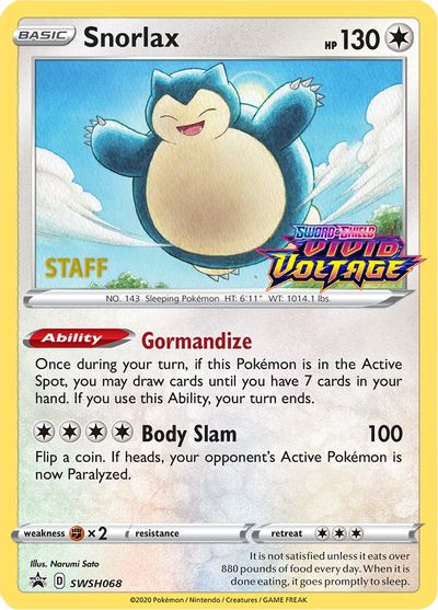 Snorlax (SWSH068) (Staff Prerelease Promo) [Sword & Shield: Black Star Promos]