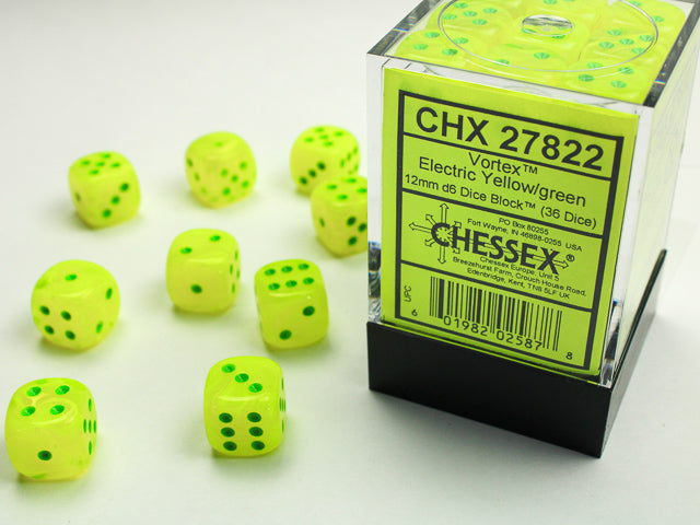 CHX 27822 Electric Yellow / Green Vortex 12mm d6 Dice Block (36 Dice)