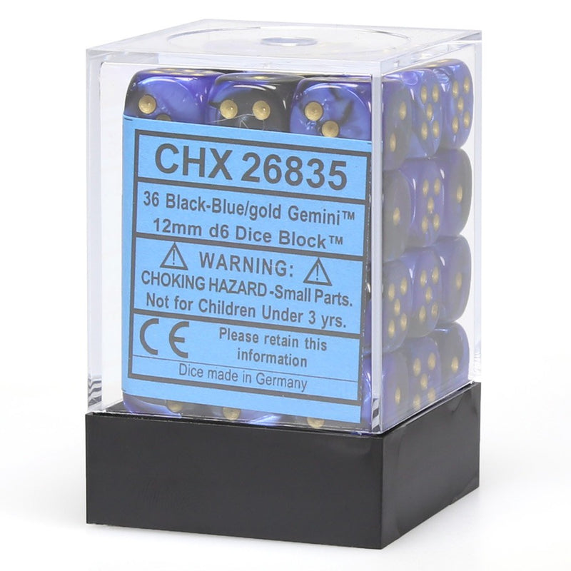 CHX 26835 Black Blue/Gold Gemini 12mm d6 Dice Block (36 Dice)
