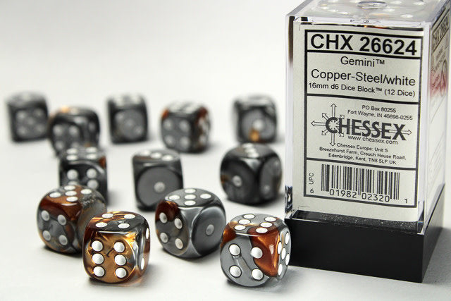 CHX 26624 Copper Steel/White Gemini 16mm d6 Dice Block (12 Dice)