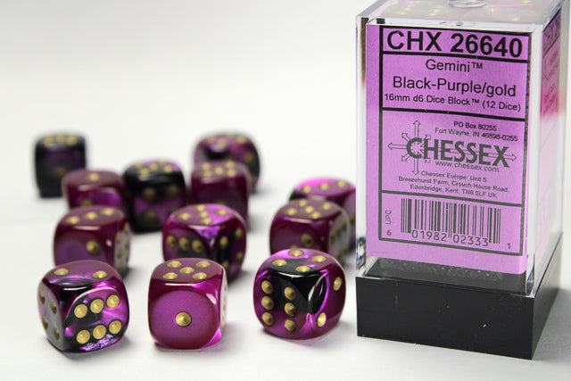 CHX 26640 Black Purple/Gold Gemini 16mm d6 Dice Block (12 Dice)