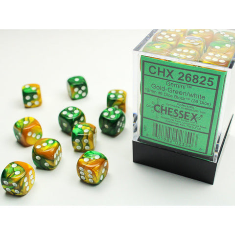 CHX 26825 Gold Green/White Gemini 12mm d6 Dice Block (36 Dice)