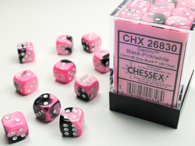 CHX 26830 Black Pink/White Gemini 12mm d6 Dice Block (36 Dice)