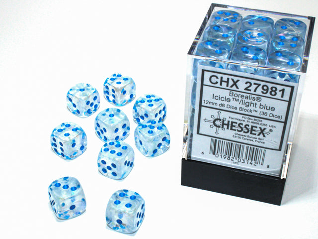 CHX 27981 Borealis: 12mm d6 Icicle/light blue Luminary Dice Block (36 dice)