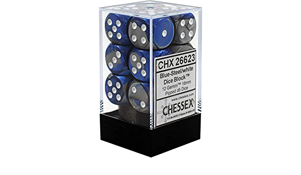 CHX 26623 Blue Steel/White Gemini 16mm d6 Dice Block (12 Dice)