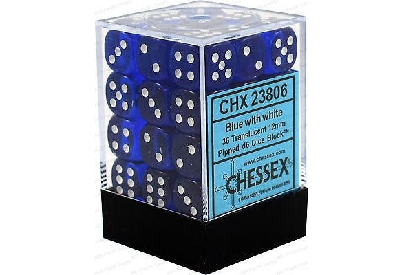 CHX 23806 Blue/White Translucent 12mm d6 Dice Block (36 Dice)