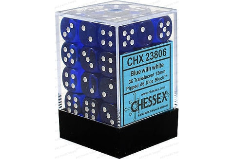 CHX 23806 Blue/White Translucent 12mm d6 Dice Block (36 Dice)