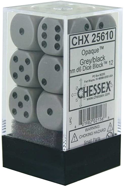 CHX 25610 Grey / Black Opaque 16mm d6 Dice Block (12 Dice)