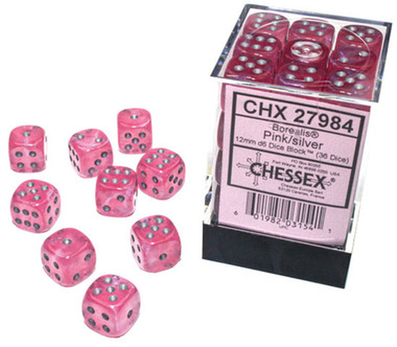 CHX 27984 Pink/Silver Borealis 12mm d6 Dice Block (36 Dice)