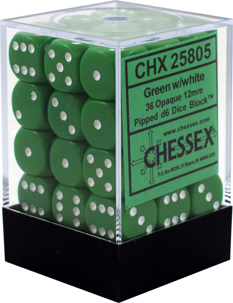 CHX 25805 Green / White Opaque 12mm d6 Dice Block (36 Dice)
