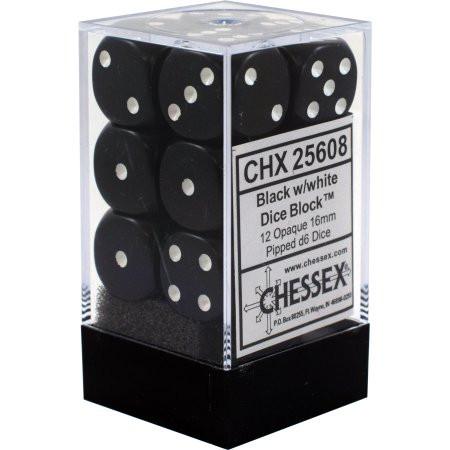 CHX 25608 Black / White Opaque 16mm d6 Dice Block (12 Dice)