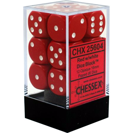 CHX 25604 Red / White Opaque 16mm d6 Dice Block (12 Dice)