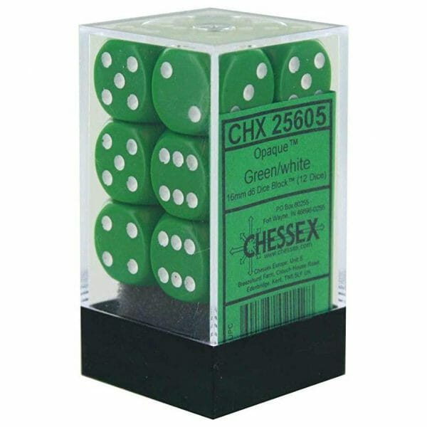 CHX 25605 Green / White Opaque 16mm d6 Dice Block (12 Dice)
