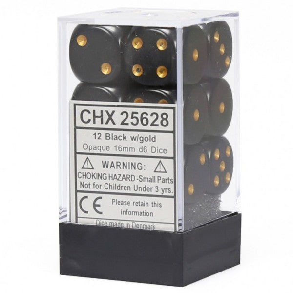 CHX 25628 Black / Gold Opaque 16mm d6 Dice Block (12 Dice)